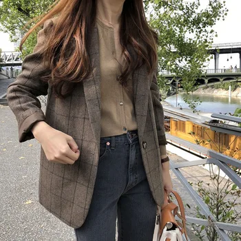 Frühling Sommer Herbst Plaid Blazer Frauen Jacke 2023 Neue Koreanische Stil Slim Long Sleeve Casual Fashion Business Anzug Mäntel Frau
