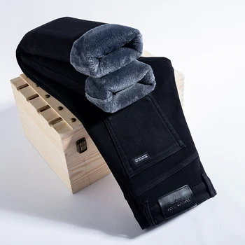 2023 Winter Warm Jeans Casual Fleece Jeans Männer Elastizität Slim Fit Stretch Dicke Samt Hosen Schwarz Grau Blauer Jeans