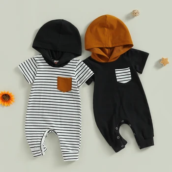 Baby Jungen Sommer Casual Hooded Jumpsuit Short Sleeve Contrast Color/Striped Romper