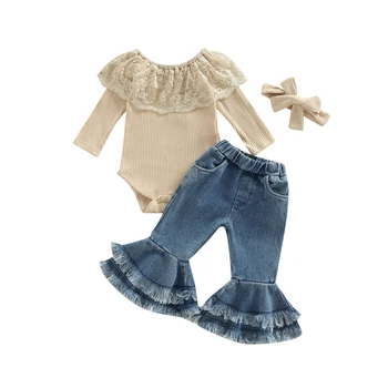 ma&baby-3-24M Neugeborenen Kleinkind Baby Mädchen Kleidung Set Lace Knit Romper Ruffle Denim Pants Jeans Fashion Herbst Outfits D01