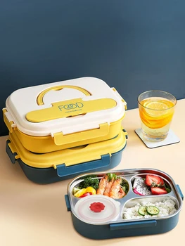 Tragbare Mittagessen Bento Box Klapp-Griff 18/8 Stainless Steel Liner Leakproof 4 Compartment Food Storage Container