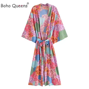 Boho Queens Vintage Frauen Multi Floral Print Schärpen Bohemian Kimono Damen V-Ausschnitt Batwing Ärmel Rayon Robe Bikini Cover-ups