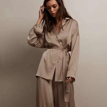 Hiloc Lace Up Voll Ärmeln Nachtwäsche Frauen Pyjamas Sets Womens Outfits Breite Bein Hosen Hosen Anzüge 2022 Homewear Winter Mode