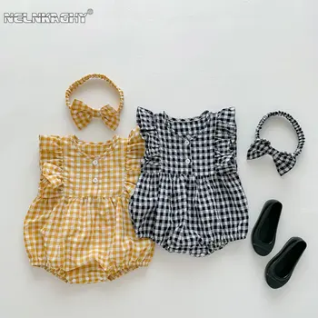Sommer Baby Flying Sleeve Romper Girlss koreanische Dünne Kontrast Plaid Bodysuit Geschenk Stirnbänder Creeper Kinder Baby Casual Kleidung