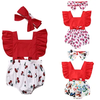 Neugeborenes Baby Mädchen Niedlichen Rüschen Bodysuit Stirnband 2 STÜCK Kurzarm Print Jumpsuits Sunsuit Outfits Sommer Set