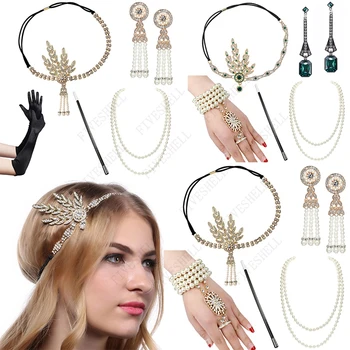 1920s Great Gatsby Kleider Zubehör Set für Frauen Cosplay Flapper Stirnband Perle Halskette Armband Ohrringe Zigarettenspitze