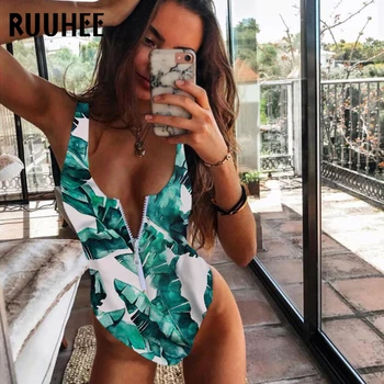RUUHEE 2023 Bademode Frauen Ein Stück Badeanzug Zipper Gedruckt Solide Gestreift-Badeanzug Bodysuit Monokini Badeanzug Weiblich