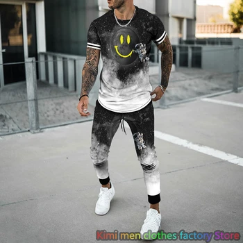 3D Print Männer T-SHIRT set Sommer Streetswear Trainingsanzüge Männlichen Kurzarm T Shirt Lange Hosen 2 Stück Sets Casual Anzug Atmungsaktiv