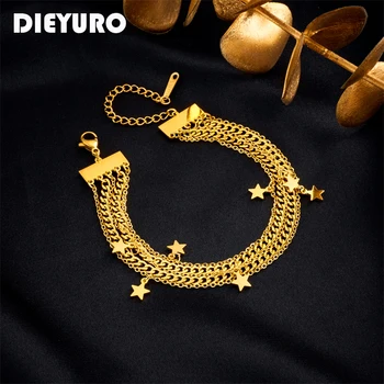 DIEYURO 316L Edelstahl Gold Farbe Multilayer-Sterne-Ketten Armband Für Frauen Mädchen Neue Trend Damen Armreifen Schmuck Geschenk