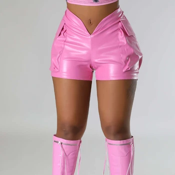 Cargo-Stil 3D-Taschen-PU Leder Shorts Frauen Sexy V-Ausschnitt Elastische Niedrigen Taille Casual Bottoms Mode Y2K Streetwear Club Outfits