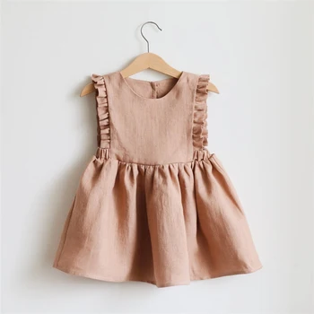 2023 Sommer Infant Baby Mädchen Baumwolle Kleid Leinen Musselin Ärmelloses Rüschen Mode Baby-Kleidung