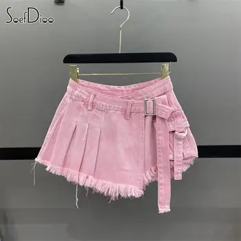 Soefdioo Quaste Denim Shorts Frauen Mode Lässig Hohe Taille Gefaltete Mini Shorts Röcke Sommer 2023 Female Bottoms Streetwear