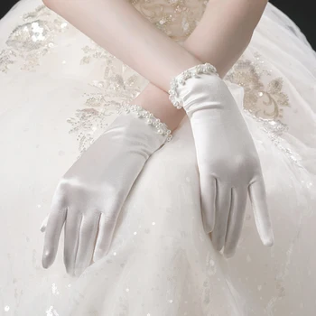 Elegante Frauen Hochzeit Braut Kurze Handschuhe Volle Finger Perlen Handgelenk Länge Kostüm Prom Party Handschuhe