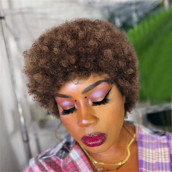 Fluffy Afro Kinky Curly Menschliches Haar Perücke Mit Dicken Pony Natürliche Kurze Bob Perücken Für Schwarze Frauen 180% Dichte Volle Maschine Haar