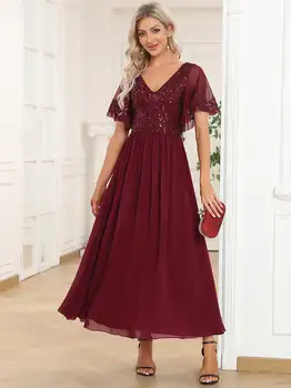 Elegante Abendkleider Kurze Rüschen Ärmeln V-Ausschnitt Knie-Länge 2023 immer ziemlich Burgund Chiffon Mutter der Braut Kleid