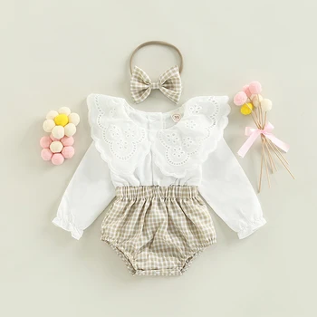 Neugeborenen Baby-Mädchen-Patchwork-Strampler + Stirnband Langarm-Plaid Rüschen Overall Kinder Frühling Herbst Baby Kleidung