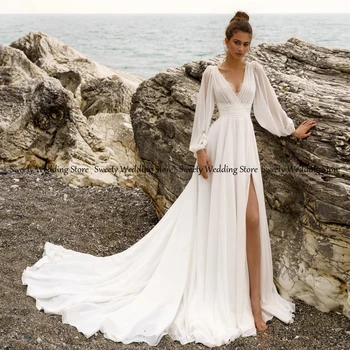 Jiayigong 2022 Hochzeit am Strand Kleid für Frauen Lange Ärmeln V-Ausschnitt Spitze Falte Hohe Schlitz Sexy Braut Kleider Chiffon-Brautkleid
