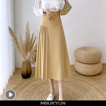 MOUKYUN Vintage Elegante A-Linie Rock Frauen Frühjahr Büro OL Hohe Taille Lange Röcke koreanische Mode Gelb Plissee Faldas Weibliche