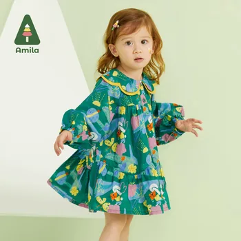 Amila Baby Mädchen Kleid 2023 Frühling Neue 100% Baumwolle Lange-Sleeve-Original Print A-Linie Kleider für 0-6 Jahre Süße Kinder Kleidung