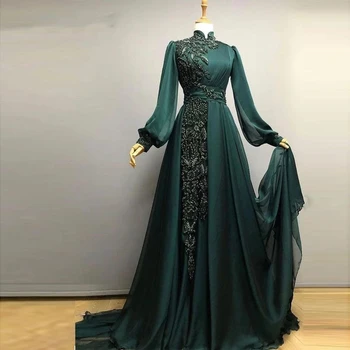 Muslimischen Abendkleider Für Frauen Chiffon Langarm abendkleider Perlen marokkanischen Kaftan muslimischen Prom Kleider Applique Robe Vestido