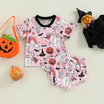 Halloween Baby Mädchen Kürbis Geist Fledermaus Spinne Drucken Kurzarm T-Shirts Tops+Elastische Taille Shorts Baby Kleidung 2PCS Kostüme