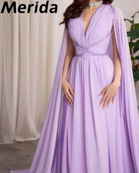 Merida Chiffon Perlen Pailletten Prom Kleider Watteau Zug Geraffte A-Linie Bodenlangen Saudi-Arabien Elegante Party Kleider 2023