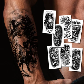 Wald Tier Temporäre Tattoo Aufkleber Schwarz König Der Löwen, Wolf Tiger Männer Körper Kunst Malerei Tattoo Gefälschte Wasser Transfer Sexy Frauen