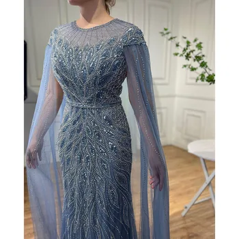 Serene Hill Arabisch Blue Cape Sleeves Mermaid Perlen Luxus Lange Abendkleider Abendkleider Für Frauen Hochzeit Partei 2023 GLA71999
