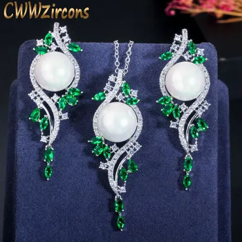 CWWZircons Elegante Design Grün Zirkonia Kristall Lange Perle Tropfen Ohrring Halskette Vintage-Schmuck-Set für Frauen T379
