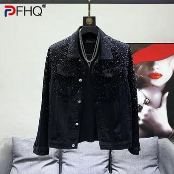 PFHQ 2023 New Hot Fix Denim-Jacken Für Männer Solide Long Sleeve Patchwork Loose Single Breasted Coat Men ' s Summer Fashion 21F3440