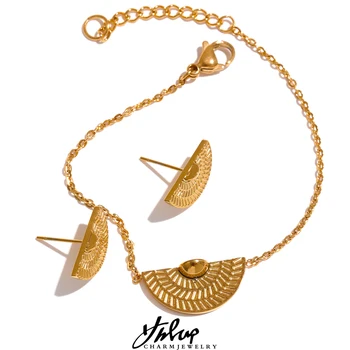 Yhpup Stilvolle Metall Einzigartige Textur Edelstahl Charme Fan Stud Ohrringe Armband Sets Gold Farbe Wasserdicht Mode Schmuck