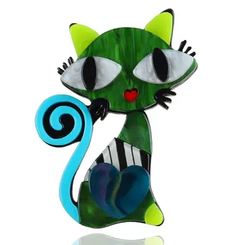 Neue Kreative Grüne Katze Acryl Brosche für Frauen Bunte Herz-Tier-Cartoon-Katze Pins Und Broschen Abzeichen Mode Schmuck-Shirt