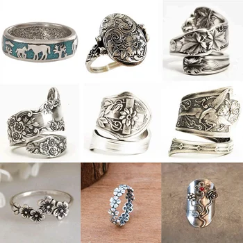 Vintage Antique Farbe Ringe für Frauen Antike Silber Farbe Anmutig Gravierte Blume Muster Party Finger Ring, Stilvoller Schmuck