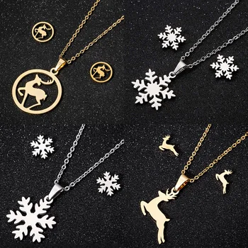 Neue Edelstahl Schneeflocke Anhänger Halsketten für Frauen Kinder Elch, Hirsch Halskette Schneeflocke Ohrringe Weihnachten Schmuck-Set