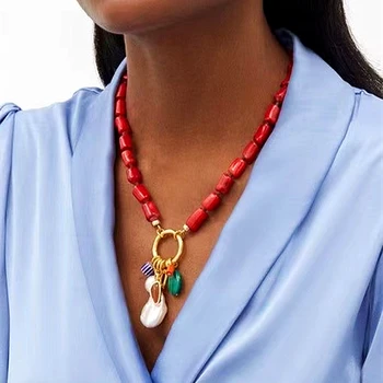Barock Natürlichen Süßwasser Perle Anhänger Halskette Rote Koralle Frauen Kurze Halskette Böhmischen Schmuck Mode 2022 Freundschaft Choker