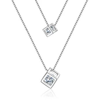 Luxus 925 Sterling Silber Halskette Doppelte Kette Cube Zirkon Anhänger Link Frauen Hochzeit Party Zubehör Glück Geschenk Schmuck