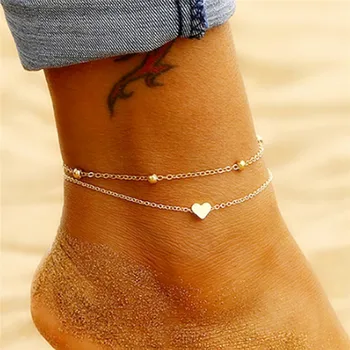 Huitan Einfache Stilvolle Herz Fußkettchen für Frauen Silber Farbe/Gold-Farbe Ästhetischen Strand-Zubehör-Barfuß Bein Kette Schmuck