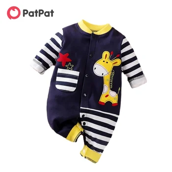PatPat 100% Baumwolle Baby Jungen / Mädchen Jumpsuits Cute Giraffe Stickerei Applique Streifen Design Print Long-sleeve Baby Jumpsuit