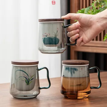 Kreative Glas Tee Infuser Tasse Mit Transparent Filter Griff Bambus Deckel Wärme-beständig Blume Teetasse Büro Tee Becher Drinkware