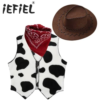 Kinder Unisex Cowboy Cowgirl Kostüm Sleeveless Kuh Gedruckt Weste Tops mit Kopftuch Fühlte Hut für Halloween Party Kleid Bis