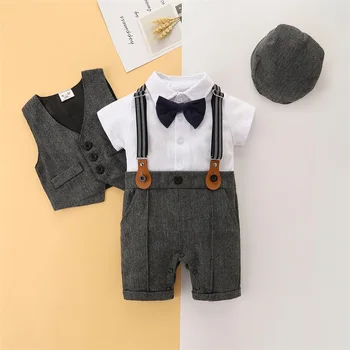 Newborn Boy Formelle Kleidung Set Baby Jungen Gentleman Birthday Romper Outfit Mit Hut Weste Lange Sleeve Infant Overall Anzug Formale