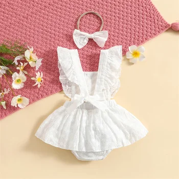 Stickerei Floral Baby Mädchen Sommer Strampler Kleid Solide Weiß Rüschen Sleeveless Spielanzug mit Stirnband Sommer Backless Sommerkleid