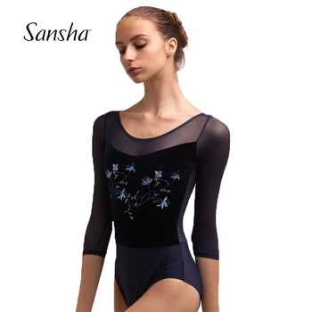 Sansha 2022 Neue Frauen Mitte der Ärmel Tanz Trikot Mesh-Details Vorne Navy Velvet Ballet Dancewear 50BA1158V