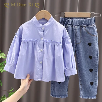 Baby Mädchen Kleidung 0-5Y Frühling und Herbst Mädchen Mode Anzug Baumwolle Solid Color Shirt + Liebe Jeans Mädchen Kleidung Zwei Stück Set