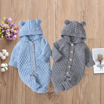 Herbst und winter baby hooded one-piece solid Farbe knitted one-piece romper