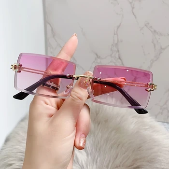 Randlose Rechteck Vintage Sonnenbrille Frau Marke Pink Gradient Sun Glasses Female Schneiden Objektiv Square Damen Oculos De Sol