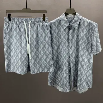 Männer Hip Hop Strand Urlaub Kurzarm SuitLoose Kurzarm Shirt Set Casual Harajuku Geometrische Muster Drucken Kurze Set