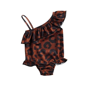 Kleinkind Baby Mädchen Ein-Stück Leopard Swimsuit, Spaghetti-Strap Schräge Schulter Rüschen Trim Bodysuit Bademode 6M-4Y