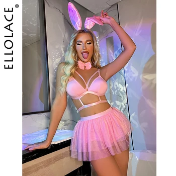 Ellolace Bunny Rosa Dessous Sexy Blase Rock 5 Stück Helle Exotische Sets Spitze Nachtclub Unterwäsche Pole Dance Ruffle Outfit