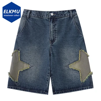 Retro Star Splicing Jeans-Shorts 2023 Männer Sommer Harajuku Streetwear Jeans Shorts Mode Lässig Lose Blaue Denim-Shorts-Unisex